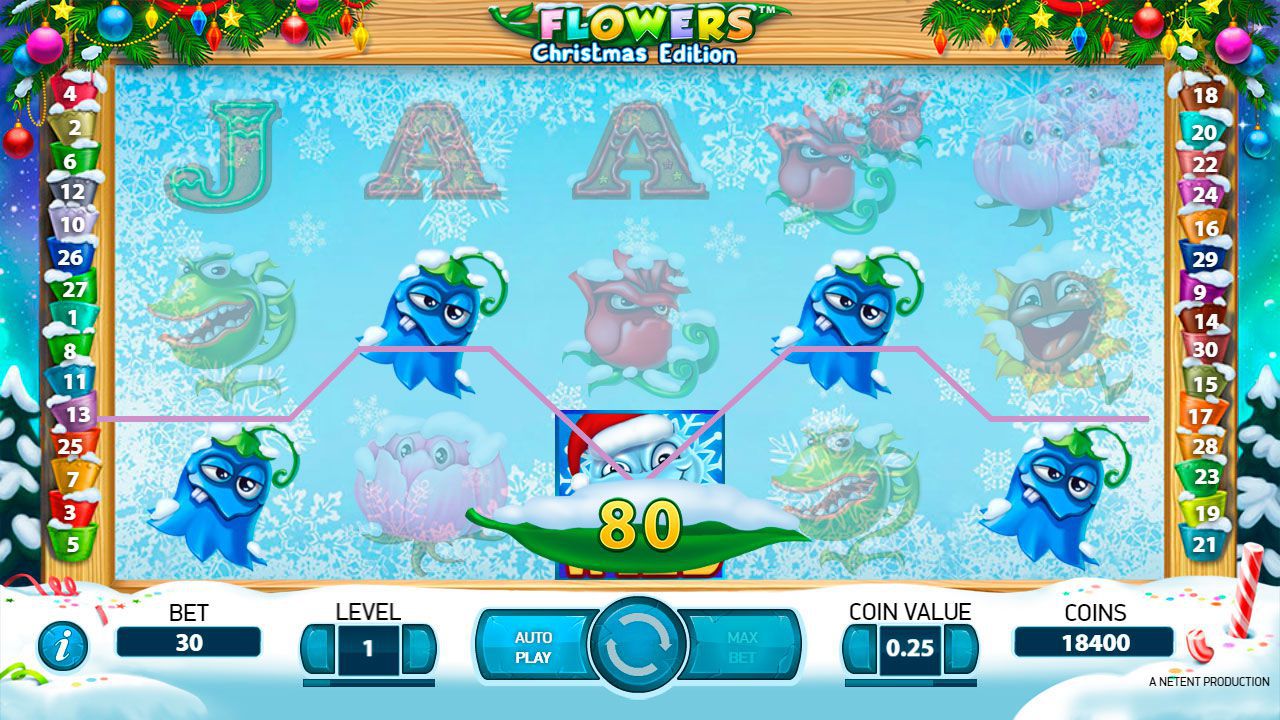 Gaming process at Flowers: Christmas Edition slot machine Gaming process at Flowers: Christmas Edition slot machine
