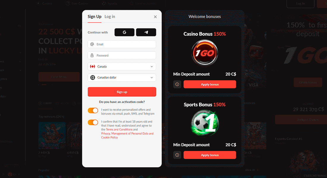 Registration page at 1Go Casino Registration page at 1Go Casino