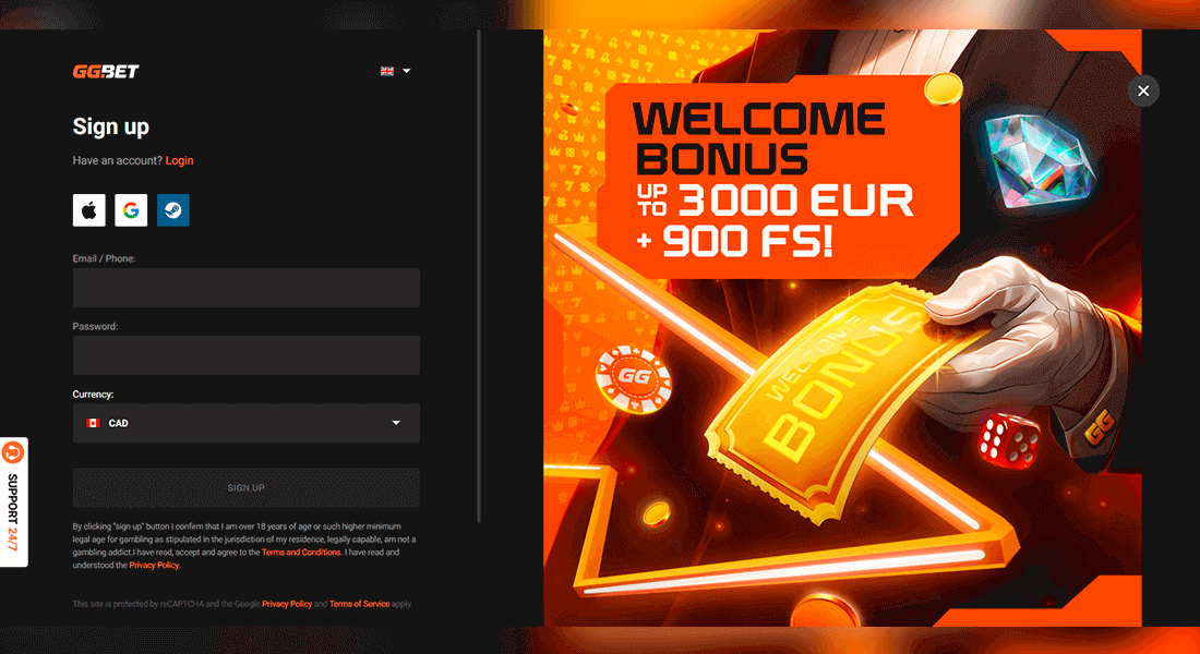 Registration page at casino GG.bet Registration page at casino GG.bet