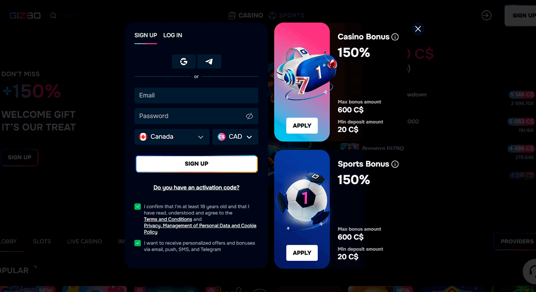Registration page at Gizbo Casino Registration page at Gizbo Casino