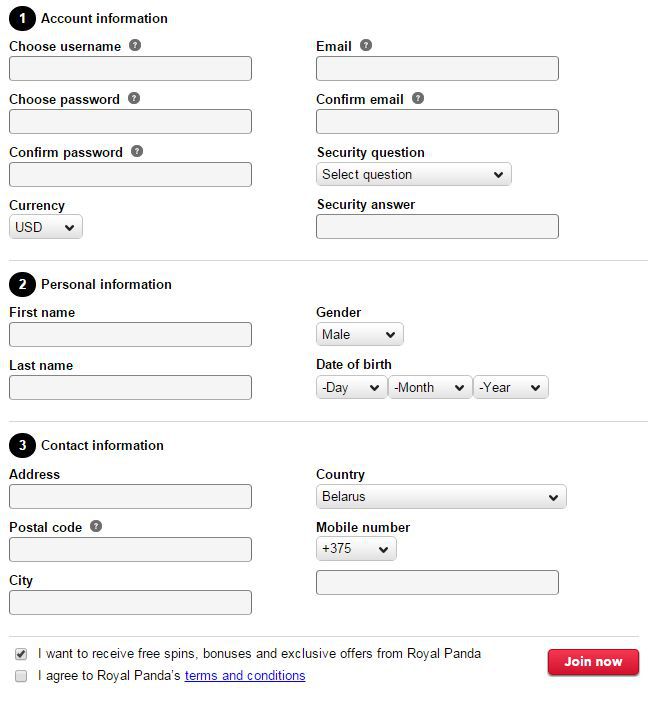 Royal Panda Casino registration form