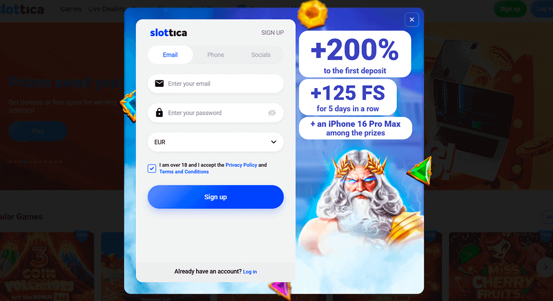 Registration page at Slottica Casino Registration page at Slottica Casino