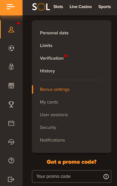Bonuses and Promotions section at Sol Casino Bonuses and Promotions section at Sol Casino