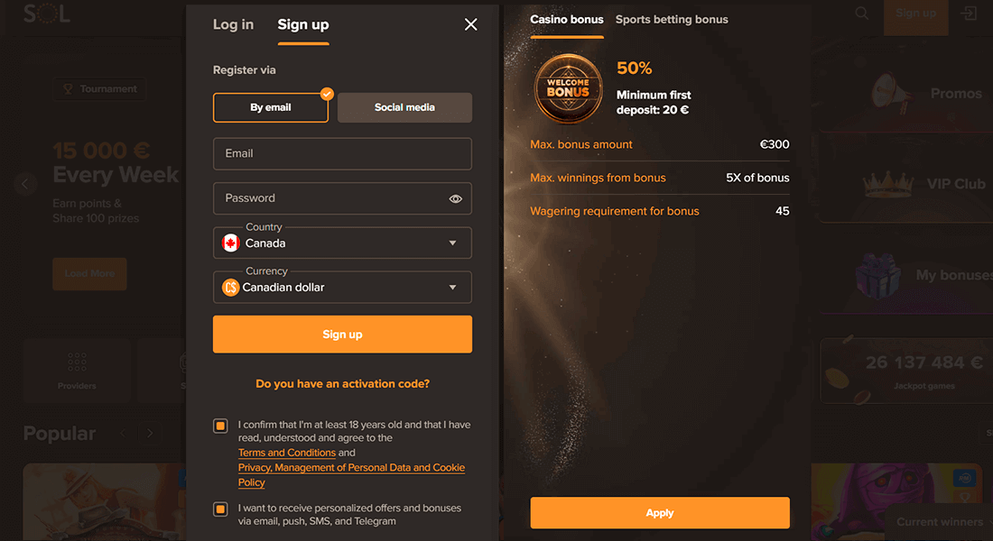 Registration form at Sol Casino Registration form at Sol Casino