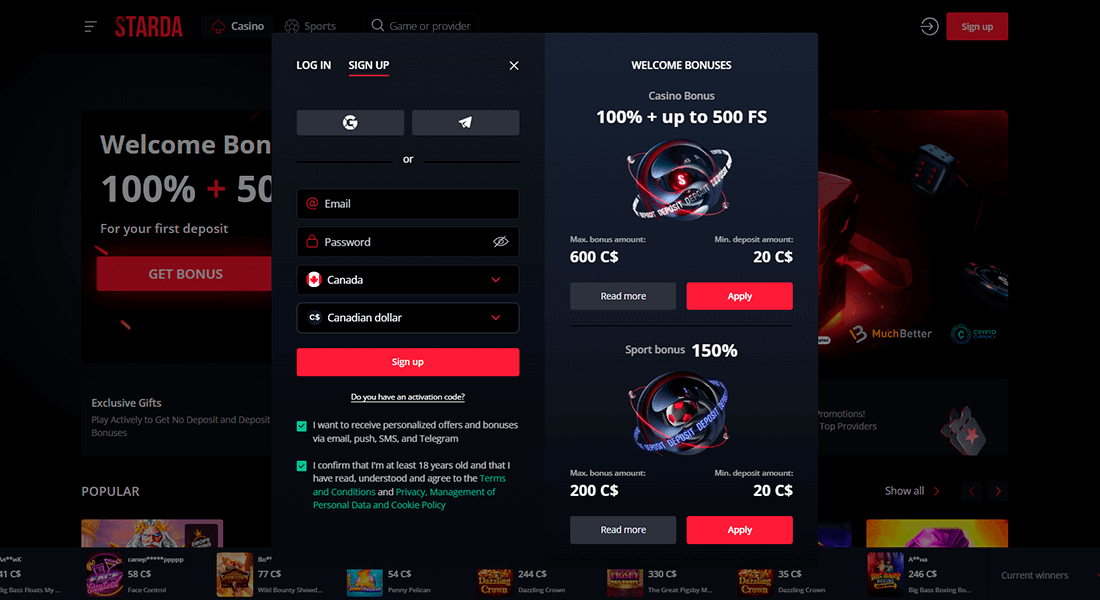 Registration page at casino Starda Registration page at casino Starda
