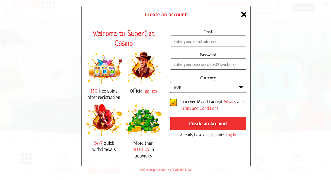 Registration page at Supercat Casino Registration page at Supercat Casino