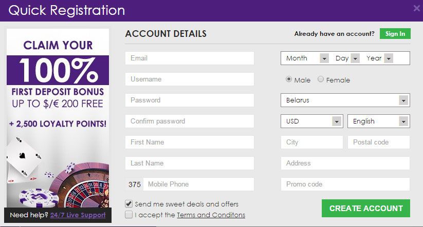 Registration instructions at Wild Jackpots online casino