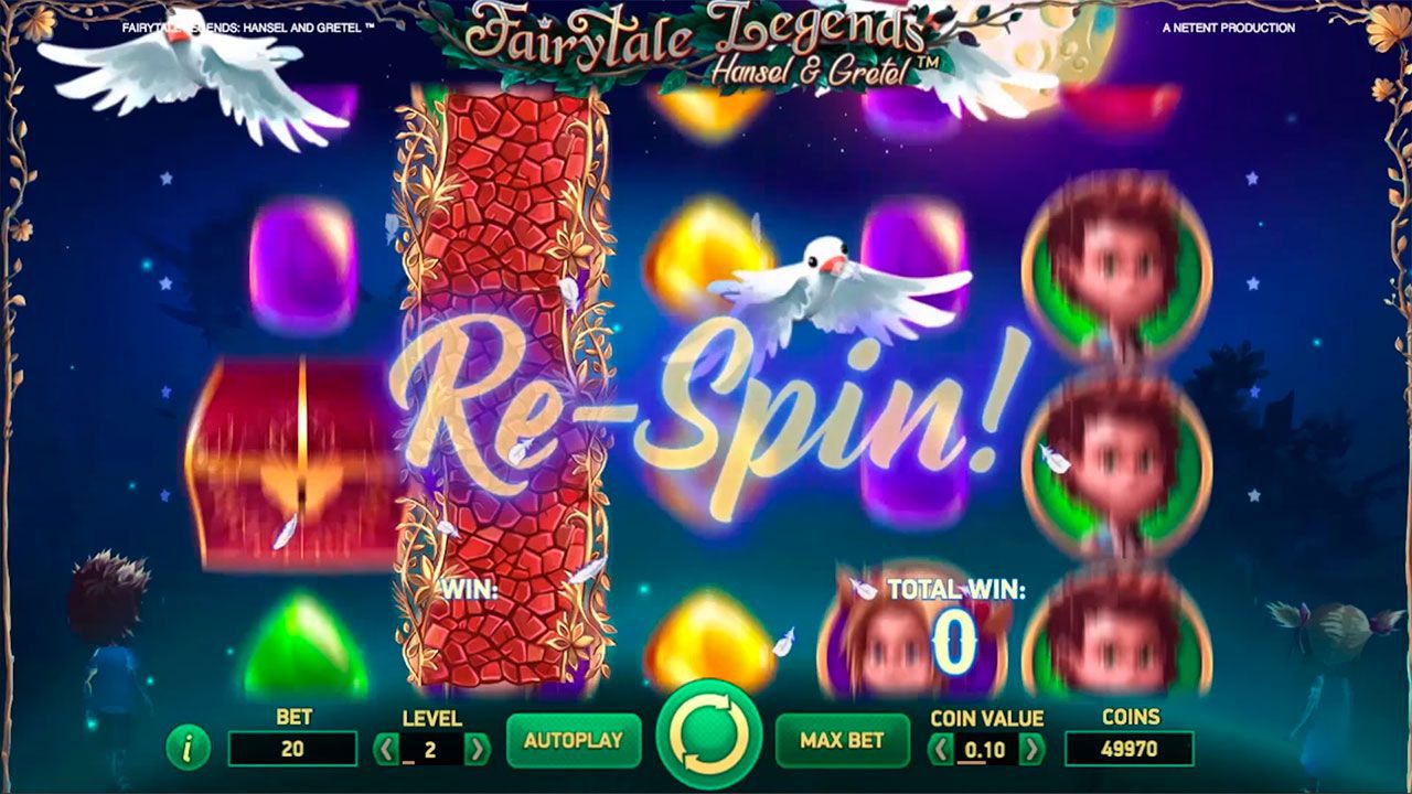 Stacked Wild Re-Spin feature at Fairytale Legends: Hansel and Gretel slot machine