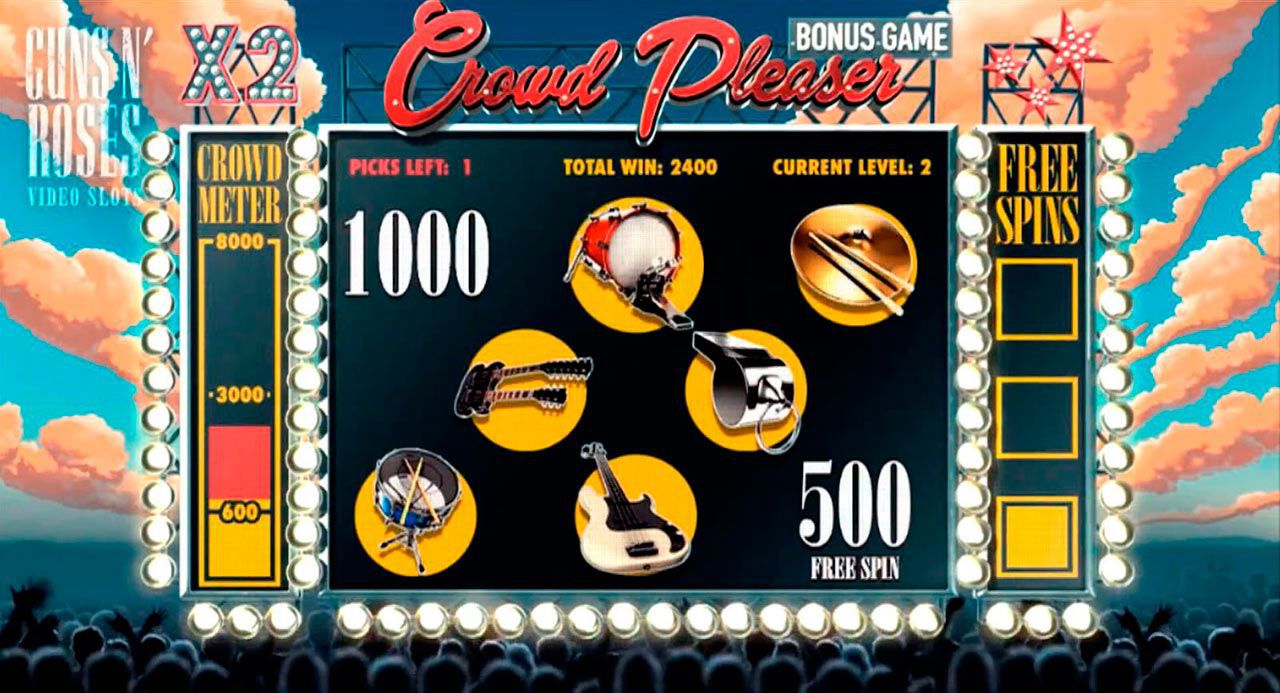 The Crowd Pleaser Bonus Game at Guns N' Roses slot machine The Crowd Pleaser Bonus Game at Guns N' Roses slot machine
