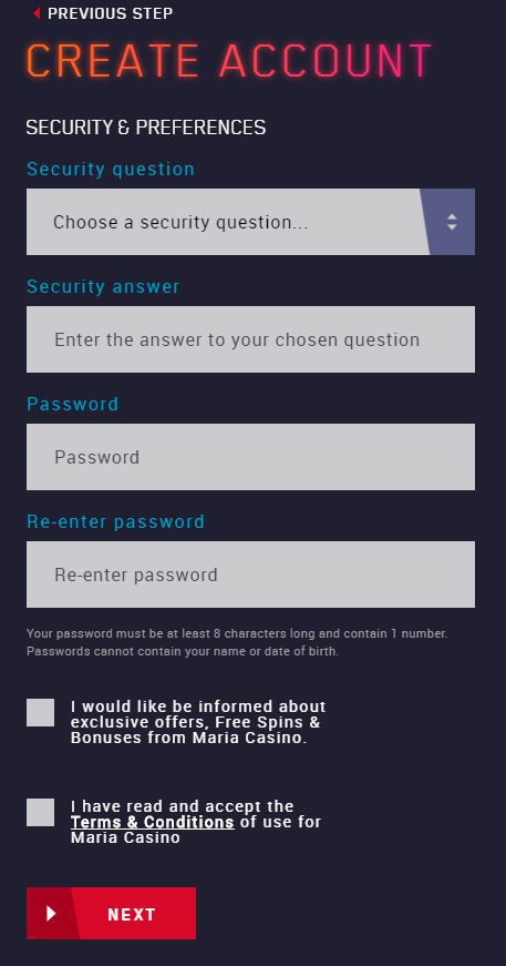 Maria Casino register - security & preferences Maria Casino register - security & preferences