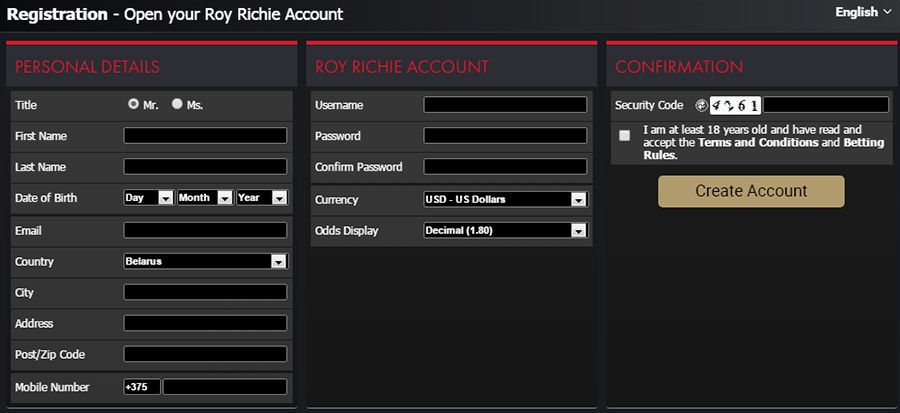 Registration form at Roy Richie Casino