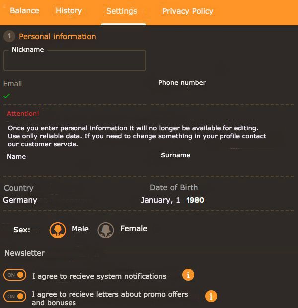 Fill in personal info form to validate account Personal information menu