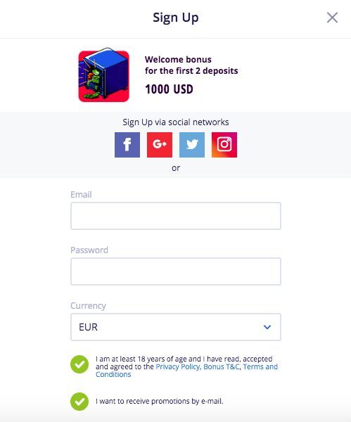 Registration is a prerequisite of getting no deposit bonus Sign up form at Vulkan Vegas